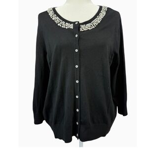 Cable & Gauge Women's 1X Black Pearl Rhinestone Embellished Cardigan Sweater